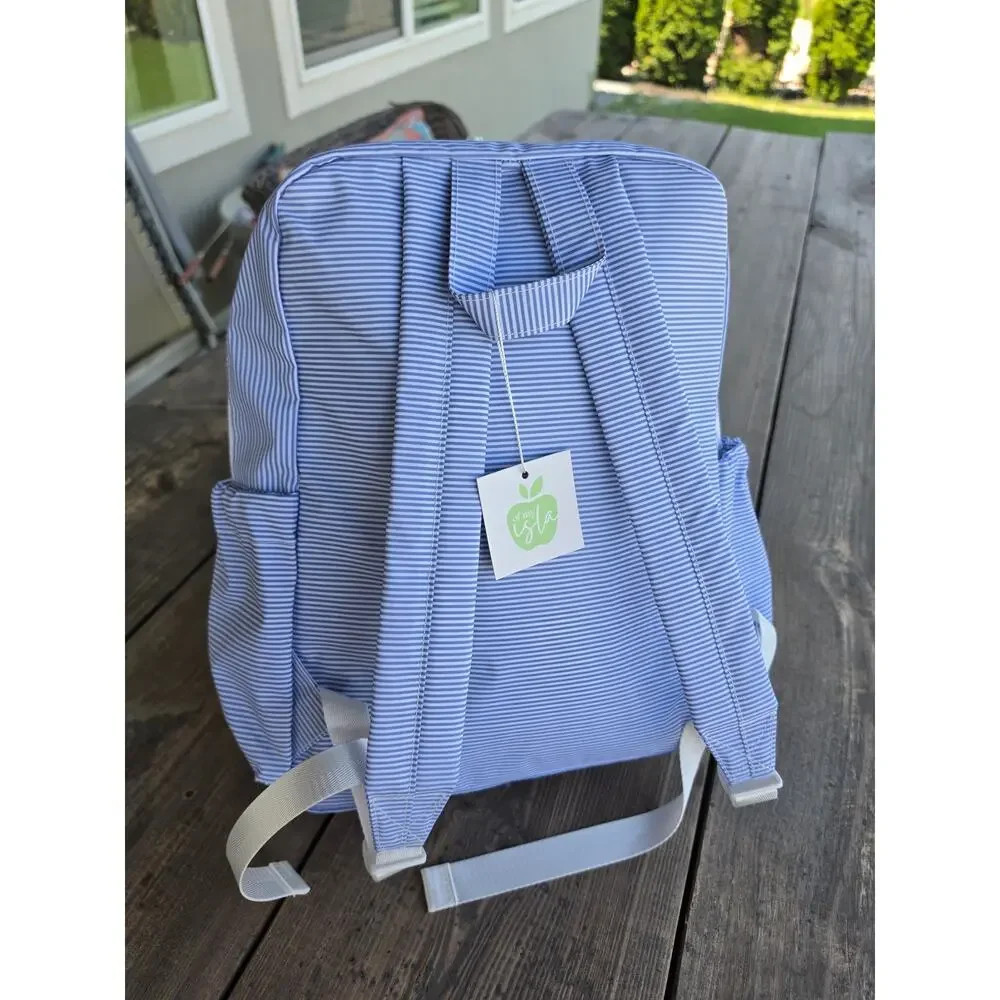 NEW Apple of my Isla Striped Blue backpack wipeable/ drink holder